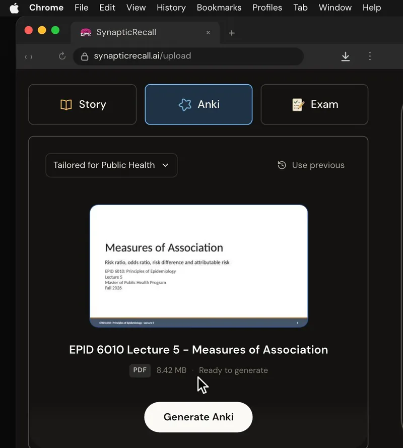 The upload page tailored for Public Health, with a lecture PDF dropped in and the Anki deck selected