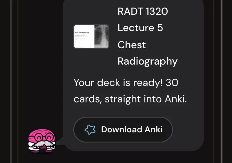Dr. Synapse reporting a 30-card deck ready from one lecture, with a Download Anki button