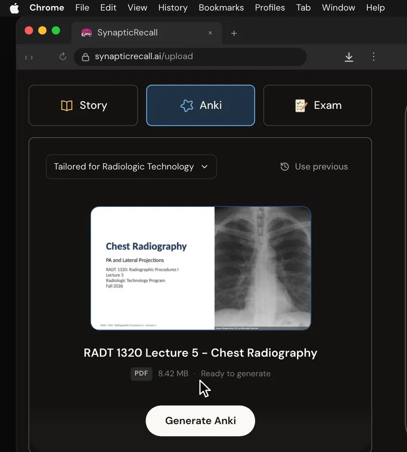 The upload page tailored for Radiologic Technology, with a lecture PDF dropped in and the Anki deck selected