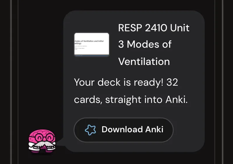 Dr. Synapse reporting a 32-card deck ready from one lecture, with a Download Anki button