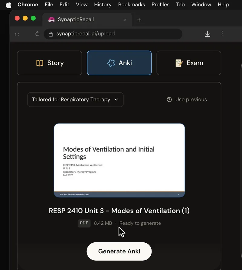 The upload page tailored for Respiratory Therapy, with a lecture PDF dropped in and the Anki deck selected