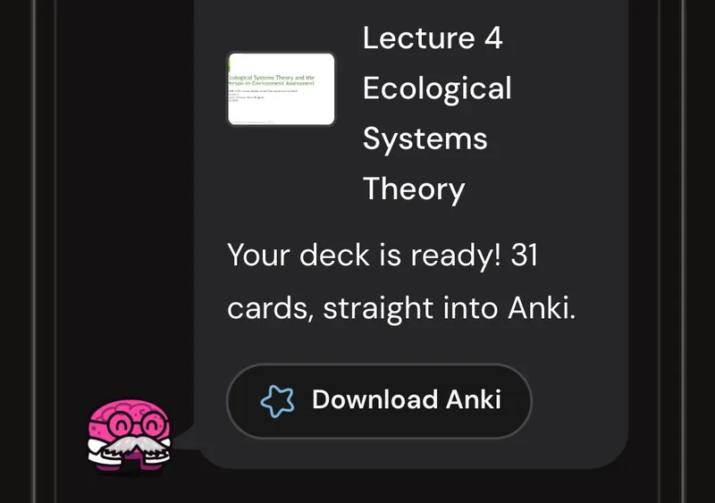 Dr. Synapse reporting a 31-card deck ready from one lecture, with a Download Anki button