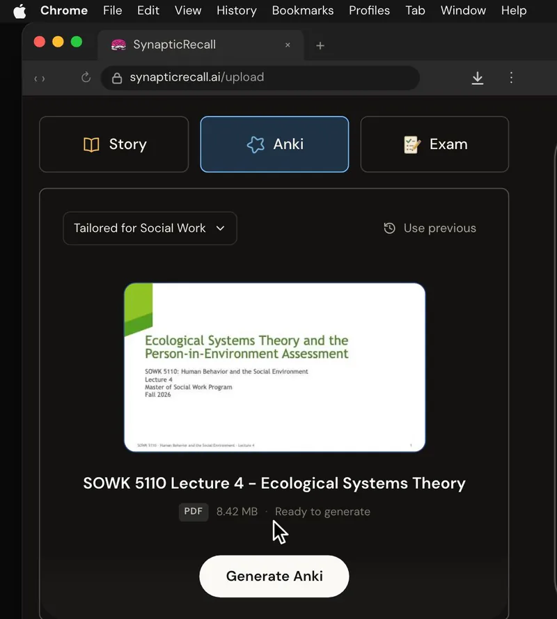 The upload page tailored for Social Work, with a lecture PDF dropped in and the Anki deck selected