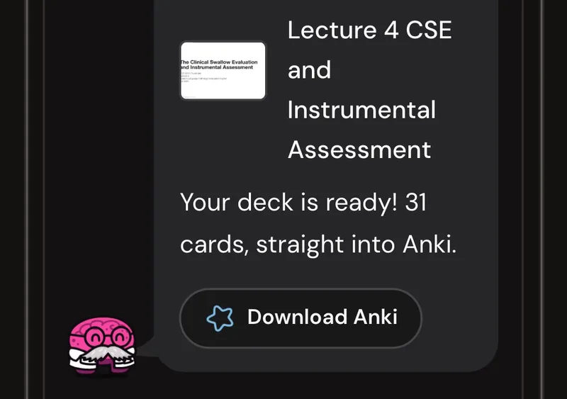 Dr. Synapse reporting a 31-card deck ready from one lecture, with a Download Anki button