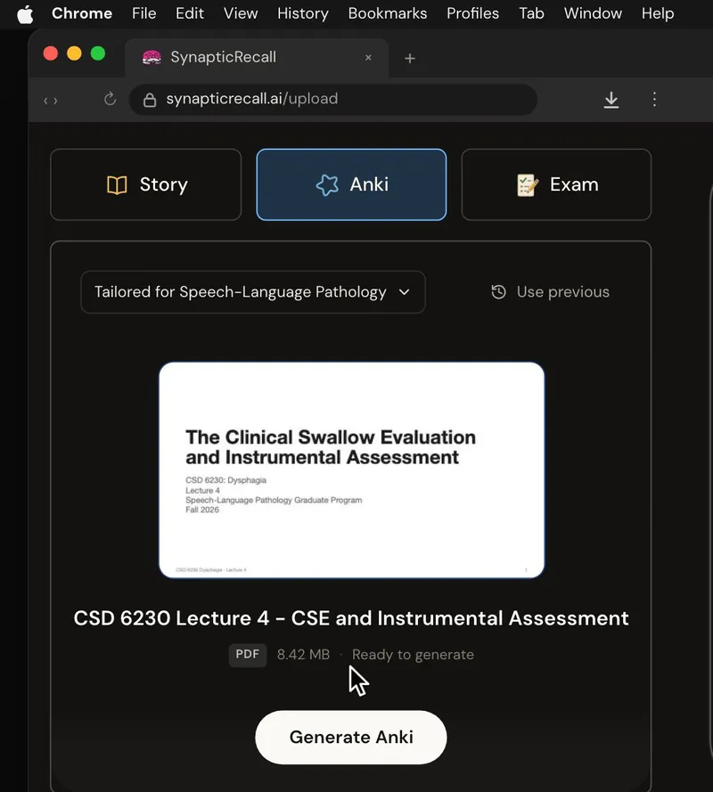 The upload page tailored for Speech-Language Pathology, with a lecture PDF dropped in and the Anki deck selected