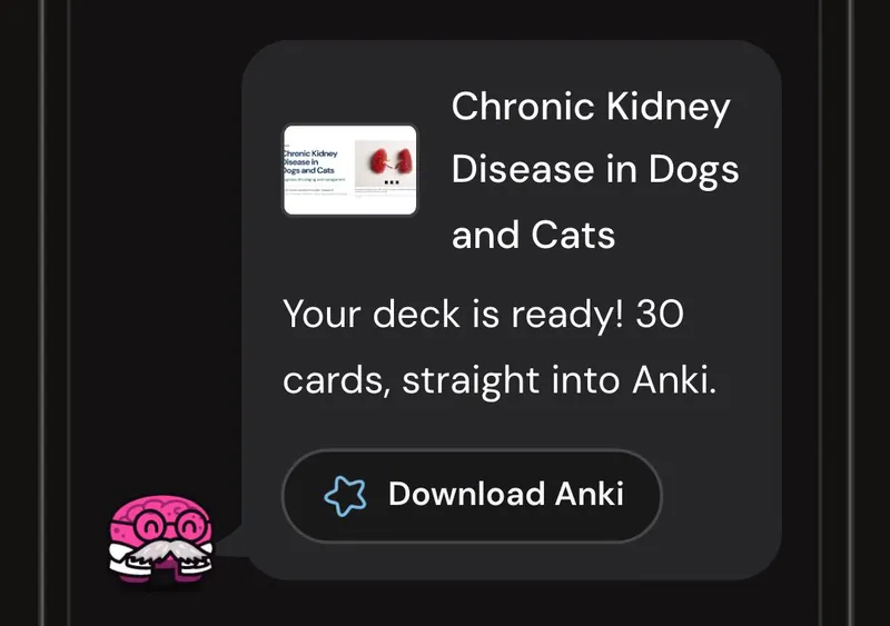 Dr. Synapse reporting a 30-card deck ready from one lecture, with a Download Anki button