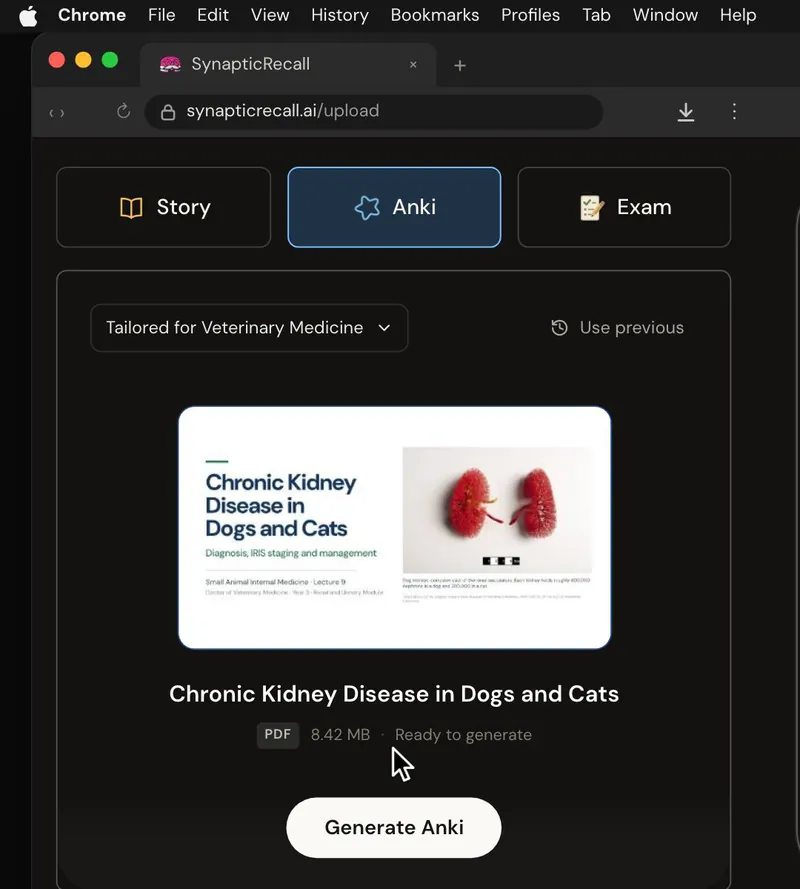 The upload page tailored for Veterinary Medicine, with a lecture PDF dropped in and the Anki deck selected