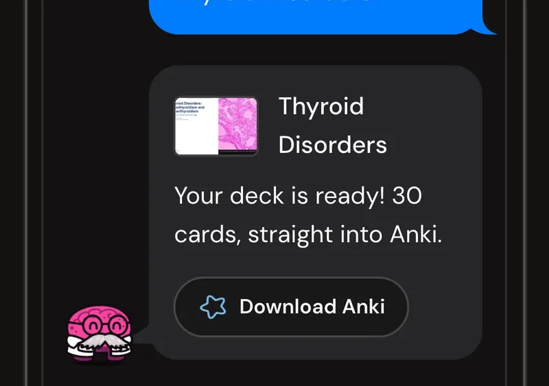 Dr. Synapse reporting a 30-card deck ready from one lecture, with a Download Anki button