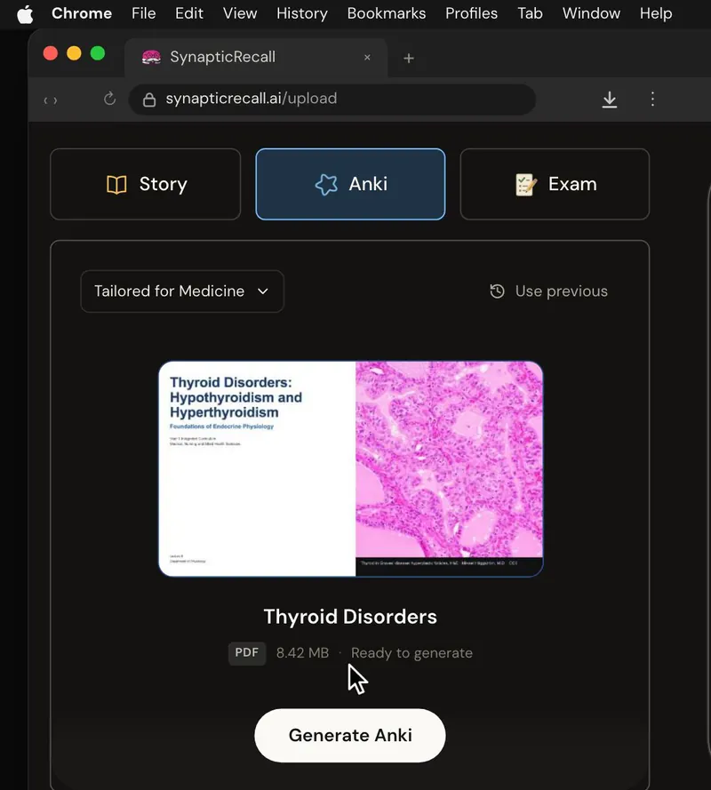 The upload page tailored for Medicine, with a lecture PDF dropped in and the Anki deck selected
