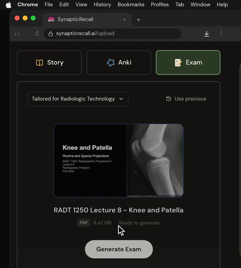 The upload page tailored for Radiologic Technology, with a lecture PDF dropped in and the Exam selected