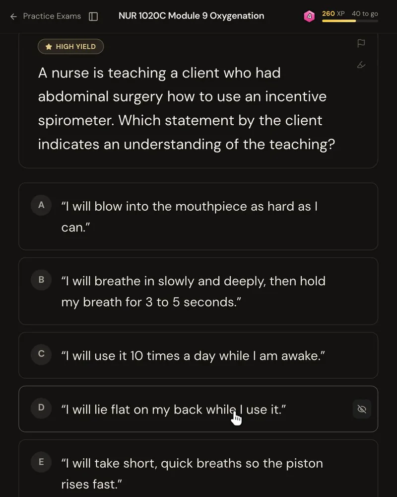 An ATI-style question from a nursing Fundamentals lecture on oxygenation: a nurse is teaching a client who had abdominal surgery to use an incentive spirometer, asking which client statement shows understanding, with five answer options