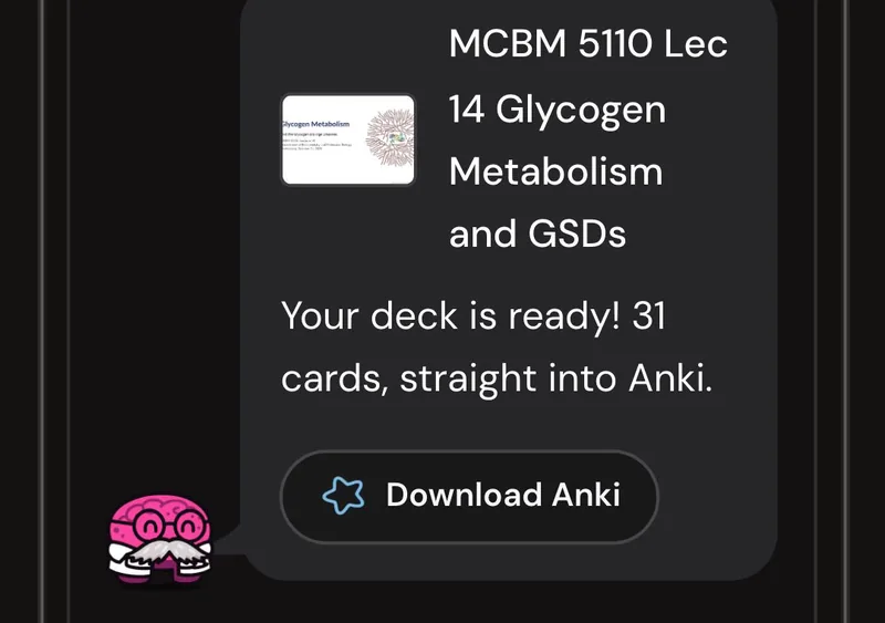 Dr. Synapse reporting a 31-card deck ready from one lecture, with a Download Anki button