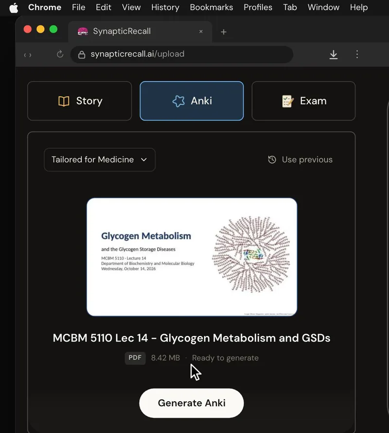The upload page tailored for Medical Biochemistry, with a lecture PDF dropped in and the Anki deck selected