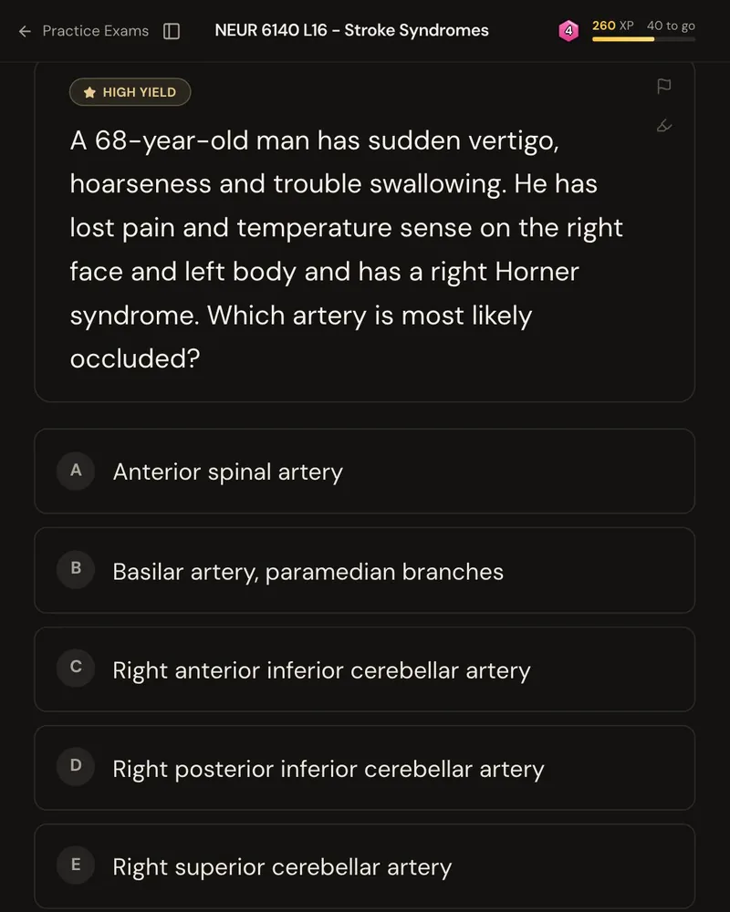 A USMLE-style vignette: a 68-year-old man with sudden vertigo, hoarseness and trouble swallowing has lost pain and temperature sense on the right face and left body and has a right Horner syndrome, asking which artery is occluded, with five answer options