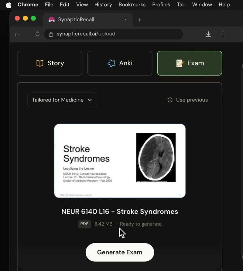 The upload page tailored for Clinical Neuroscience, with a lecture PDF dropped in and the Exam selected