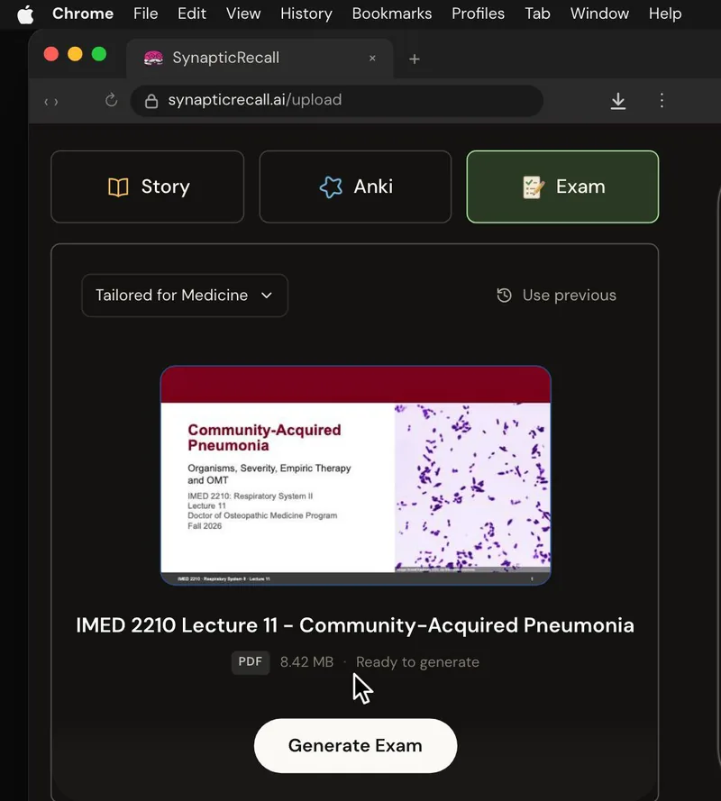 The upload page tailored for Medicine, with a lecture PDF dropped in and the Exam selected