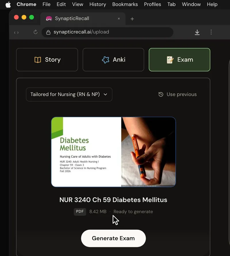 The upload page tailored for Nursing, with a lecture PDF dropped in and the Exam selected