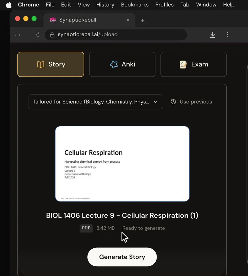 The upload page with a biology lecture PDF dropped in and the Story selected