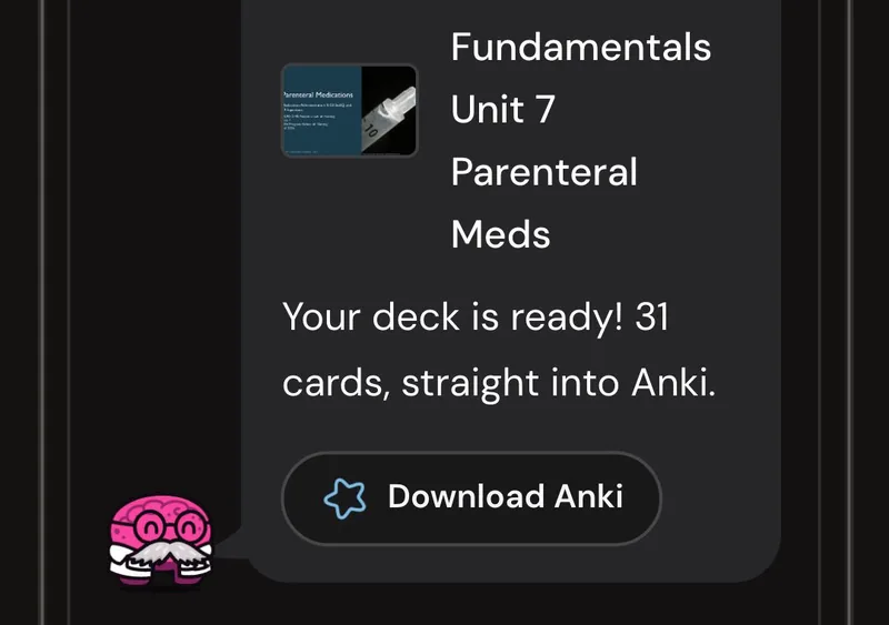 Dr. Synapse reporting a 31-card deck ready from one lecture, with a Download Anki button
