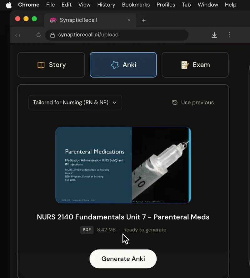 The upload page tailored for Fundamentals of Nursing, with a lecture PDF dropped in and the Anki deck selected