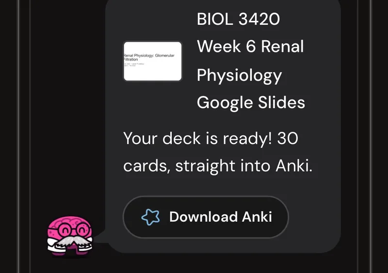 Dr. Synapse reporting a 30-card deck ready from one lecture, with a Download Anki button