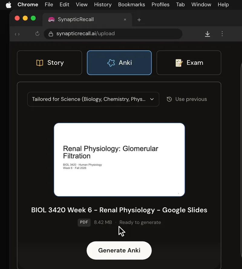 The upload page tailored for Physiology, with a lecture PDF dropped in and the Anki deck selected