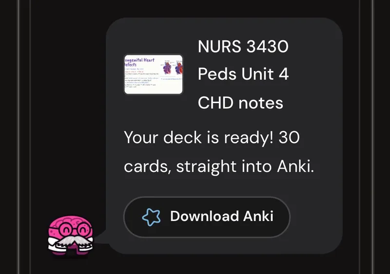 Dr. Synapse reporting a 30-card deck ready from one lecture, with a Download Anki button