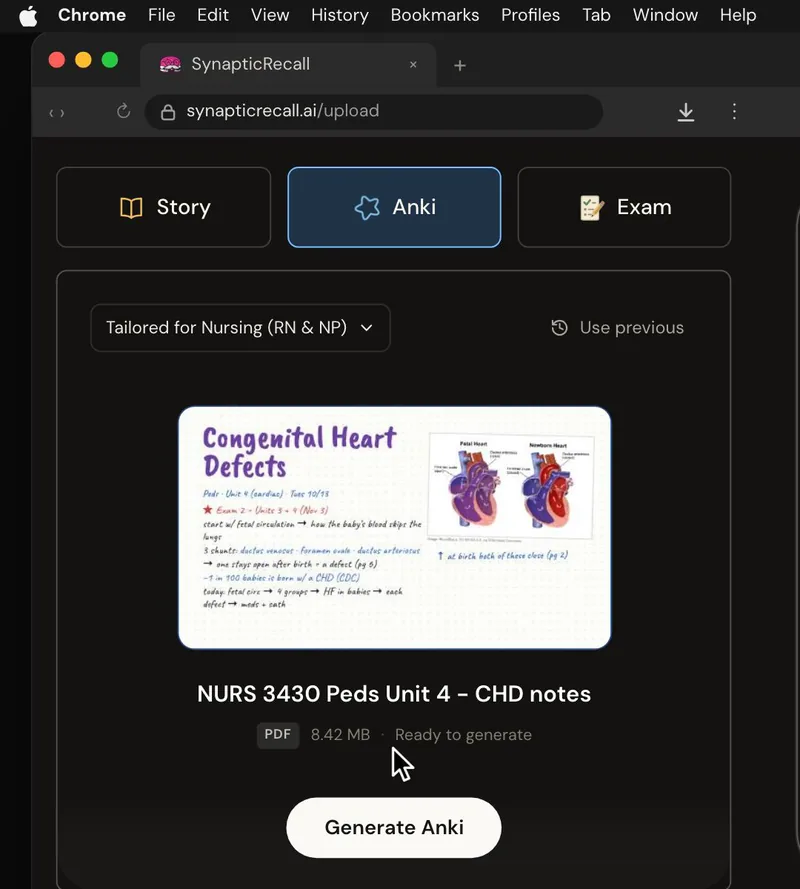 The upload page tailored for Pediatric Nursing, with a lecture PDF dropped in and the Anki deck selected