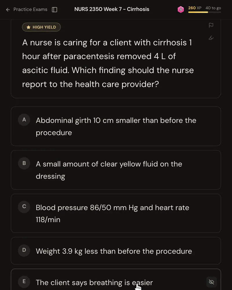 A HESI-style question from a Med-Surg nursing lecture on cirrhosis: one hour after a paracentesis removes 4 L of ascitic fluid, which finding the nurse should report to the health care provider, with five answer options