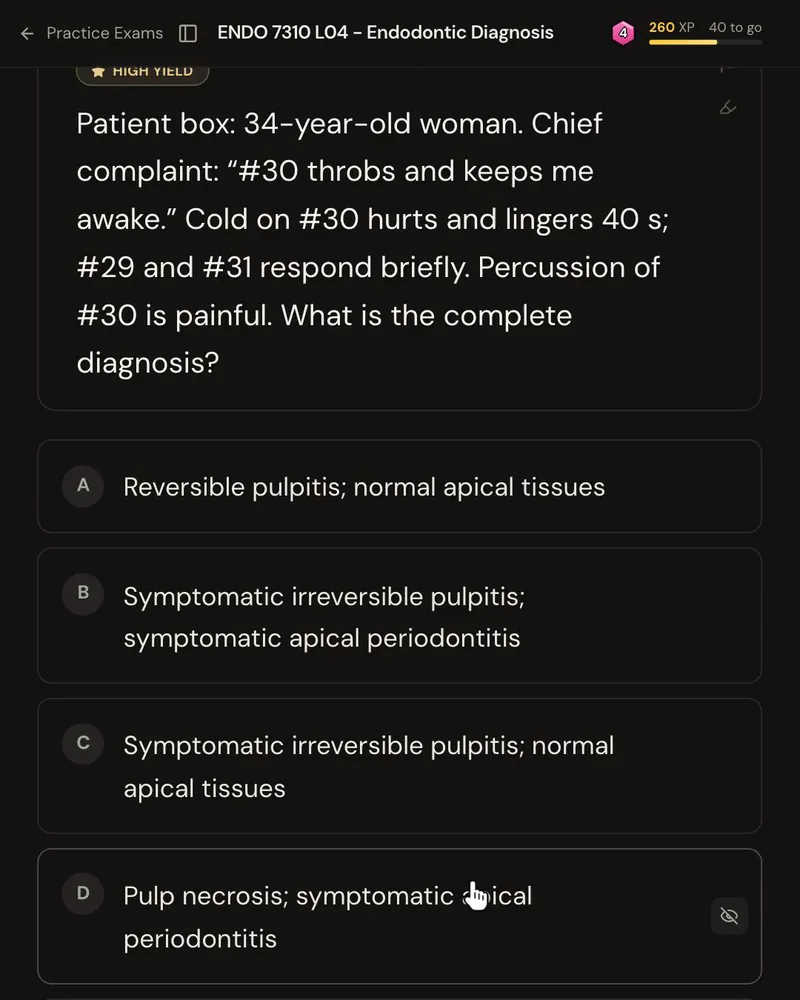 An INBDE-style question with a patient box: a 34-year-old woman with night pain in #30, cold that lingers 40 seconds and pain to percussion, asking for the complete pulpal and apical diagnosis, with five answer options