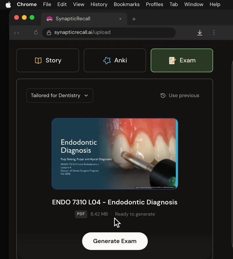 The upload page tailored for Dentistry, with a lecture PDF dropped in and the Exam selected
