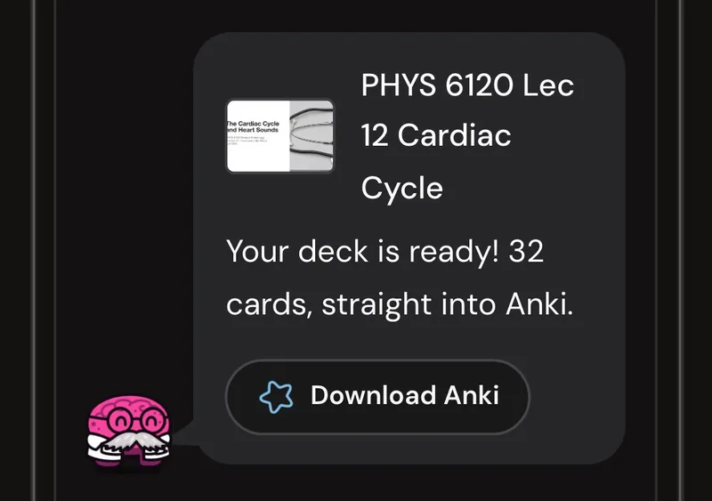 Dr. Synapse reporting a 32-card deck ready from one lecture, with a Download Anki button