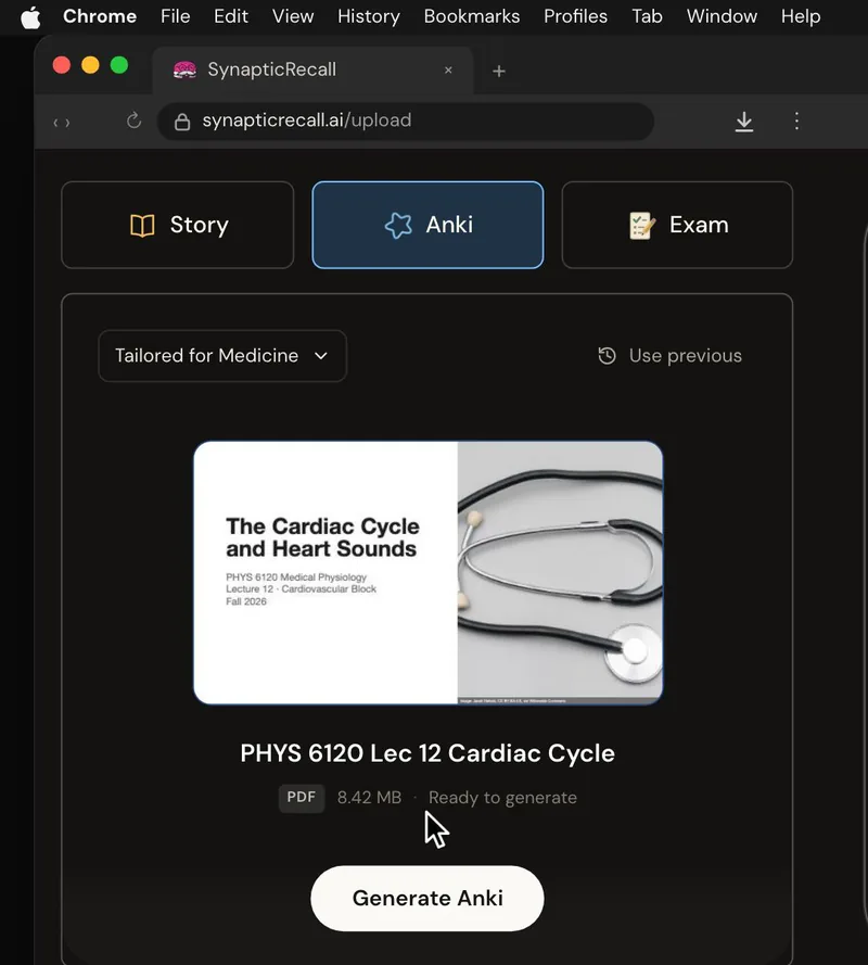 The upload page tailored for Medicine, with a lecture PDF dropped in and the Anki deck selected