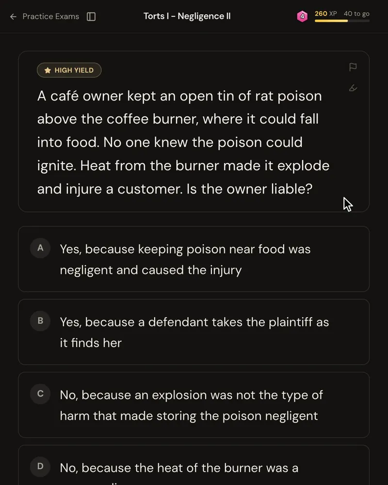 A fact pattern about rat poison stored next to a coffee burner that explodes, with five answer choices