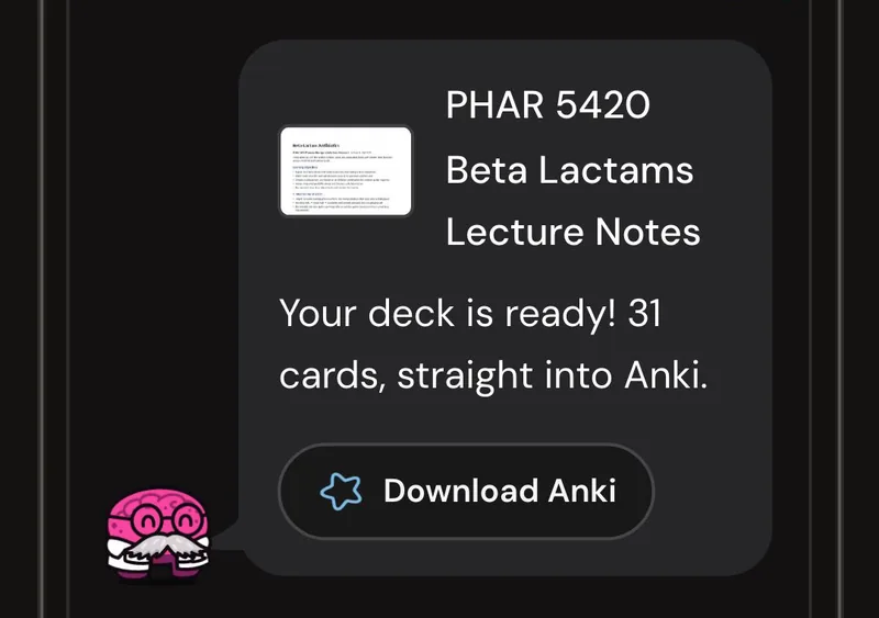 Dr. Synapse reporting a 31-card deck ready from one lecture, with a Download Anki button