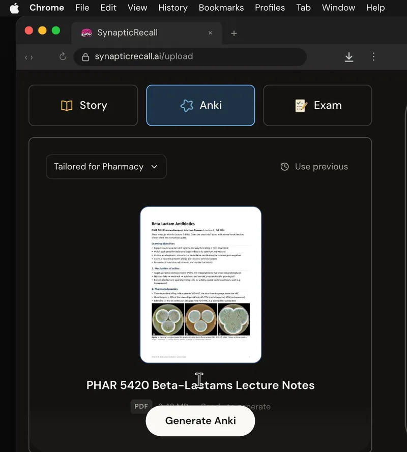 The upload page tailored for Pharmacy, with a lecture PDF dropped in and the Anki deck selected
