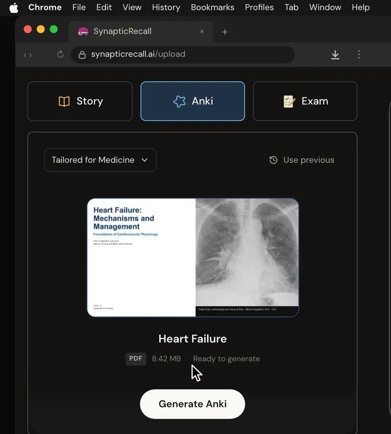The upload page tailored for Medicine, with a lecture PDF dropped in and the Anki deck selected