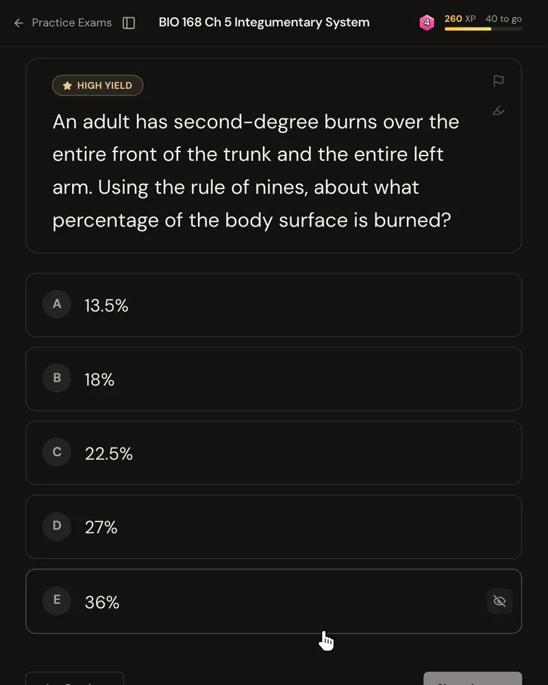 An exam-style question from an A&P lecture: an adult with second-degree burns over the entire front of the trunk and the entire left arm, asking what percentage of the body surface is burned by the rule of nines, with five answer options
