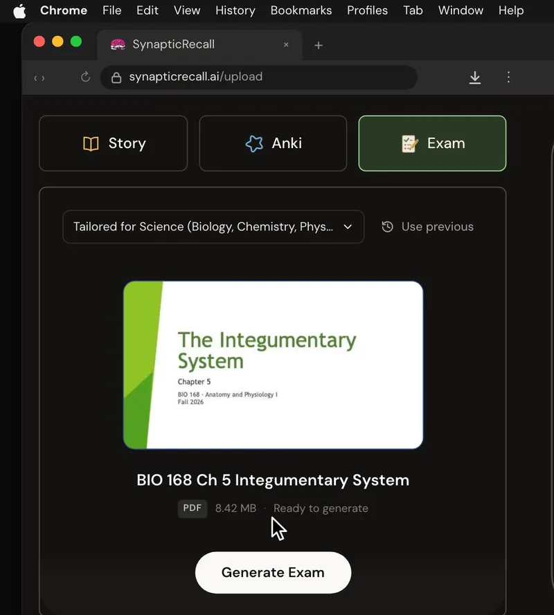 The upload page tailored for Science, with a lecture PDF dropped in and the Exam selected