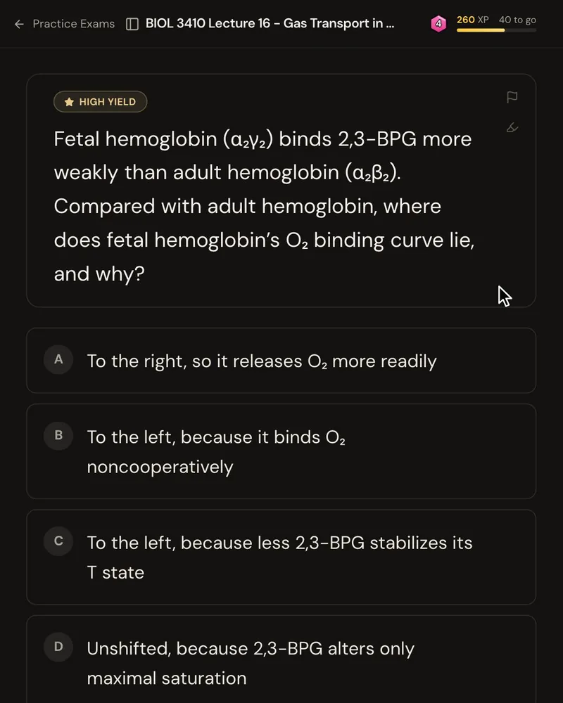 An MCAT-style question on fetal hemoglobin and 2,3-BPG, asking where its O₂ binding curve lies and why, with five answer options