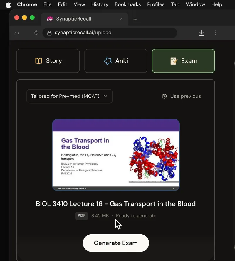 The upload page tailored for Pre-med, with a lecture PDF dropped in and the Exam selected