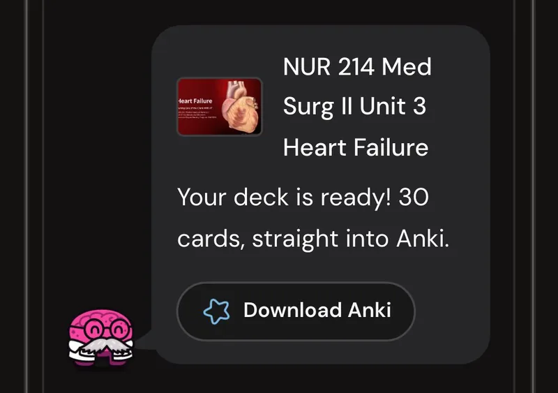 Dr. Synapse reporting a 30-card deck ready from one lecture, with a Download Anki button