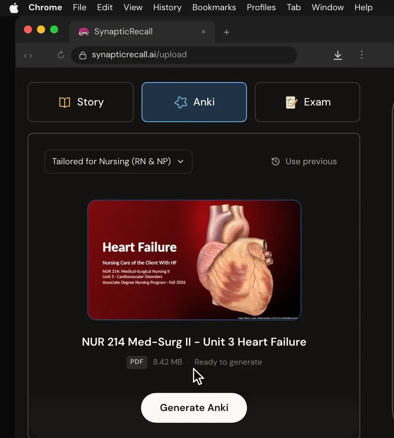 The upload page tailored for Medical-Surgical Nursing, with a lecture PDF dropped in and the Anki deck selected