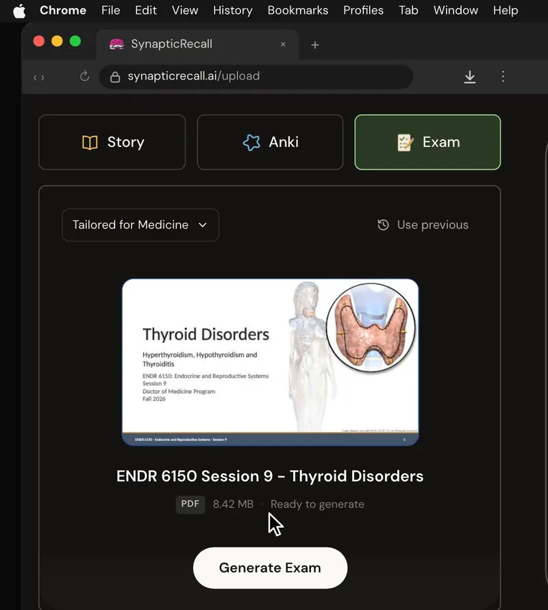 The upload page tailored for Medical Endocrinology, with a lecture PDF dropped in and the Exam selected