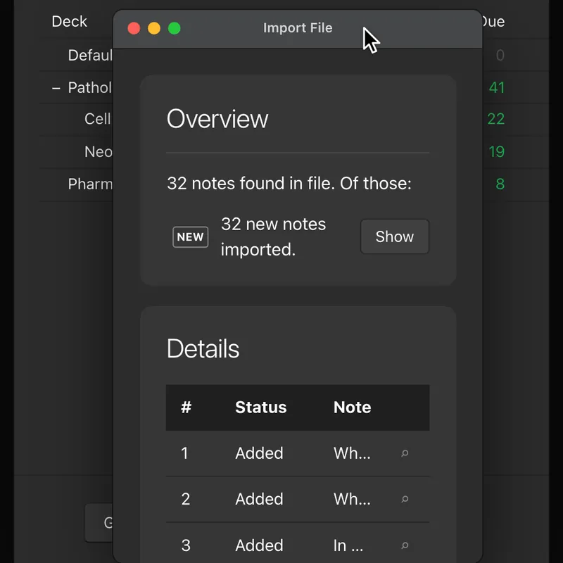 Anki’s Import File window: 32 new notes imported from the deck