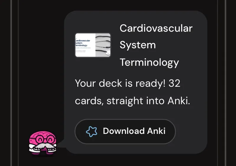 Dr. Synapse reporting a 32-card deck ready from one lecture, with a Download Anki button