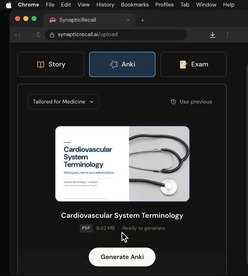 The upload page tailored for Medicine, with a lecture PDF dropped in and the Anki deck selected