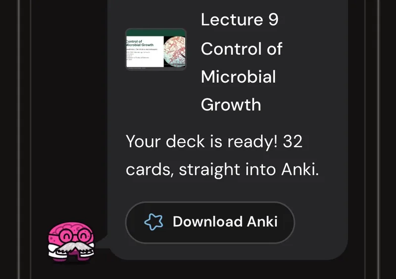 Dr. Synapse reporting a 32-card deck ready from one lecture, with a Download Anki button