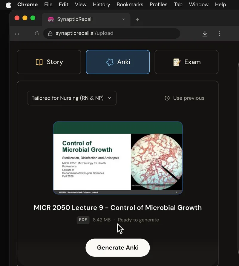 The upload page tailored for Microbiology, with a lecture PDF dropped in and the Anki deck selected