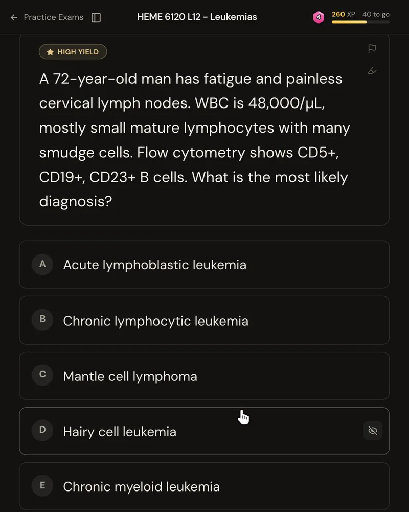 An NBME-style question from a medical school hematology lecture: a 72-year-old man with painless cervical lymph nodes, a WBC of 48,000/µL of small mature lymphocytes with smudge cells and CD5+, CD23+ B cells, asking for the most likely diagnosis, with five answer options